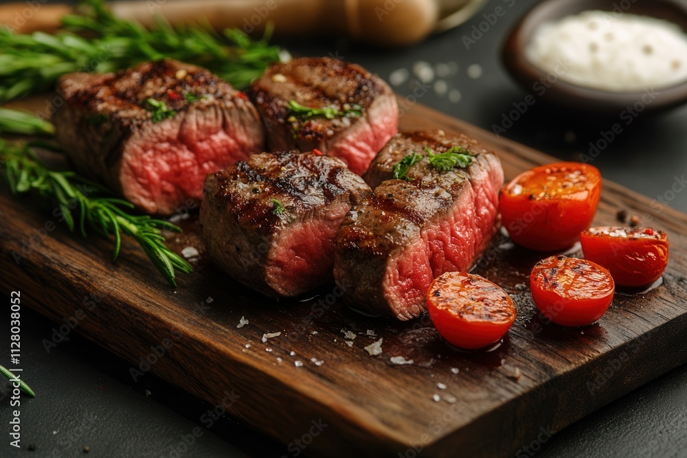 Grilled beef steaks with rosemary, cherry tomatoes, and sauce on wooden board. Grilled beef steaks with rosemary, cherry tomatoes, and sauce on wooden board.