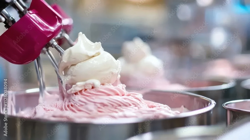 Creamy vanilla ice cream being dispensed into a cone from an ice cream machine, soft focus on the main subject, clean and simple composition with ample copy space.