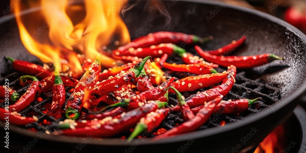 Skillet with hot peppers over fire Skillet with hot peppers over fire