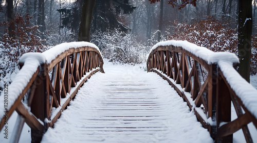 Fototapeta Naklejka Na Ścianę i Meble -  A snowy wooden bridge on a winter day in Juchy, Poland.
