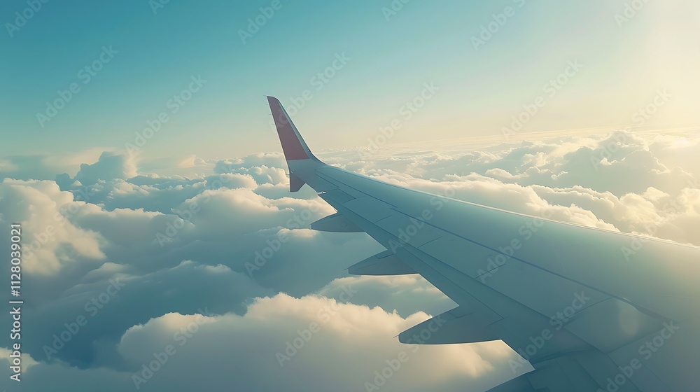 Wing of airplane flying above the clouds at sunset Wing of airplane flying above the clouds at sunset