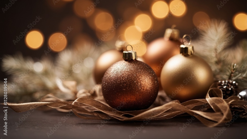 Fototapeta premium Elegant holiday ornaments with warm bokeh lights in the background