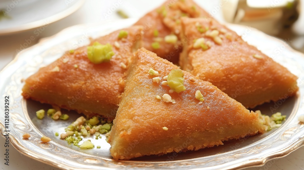 Kunafa, an Arabic sweet made of shredded phyllo dough layered with a sweet cheese and soaked in a sweet, sugar-based syrup