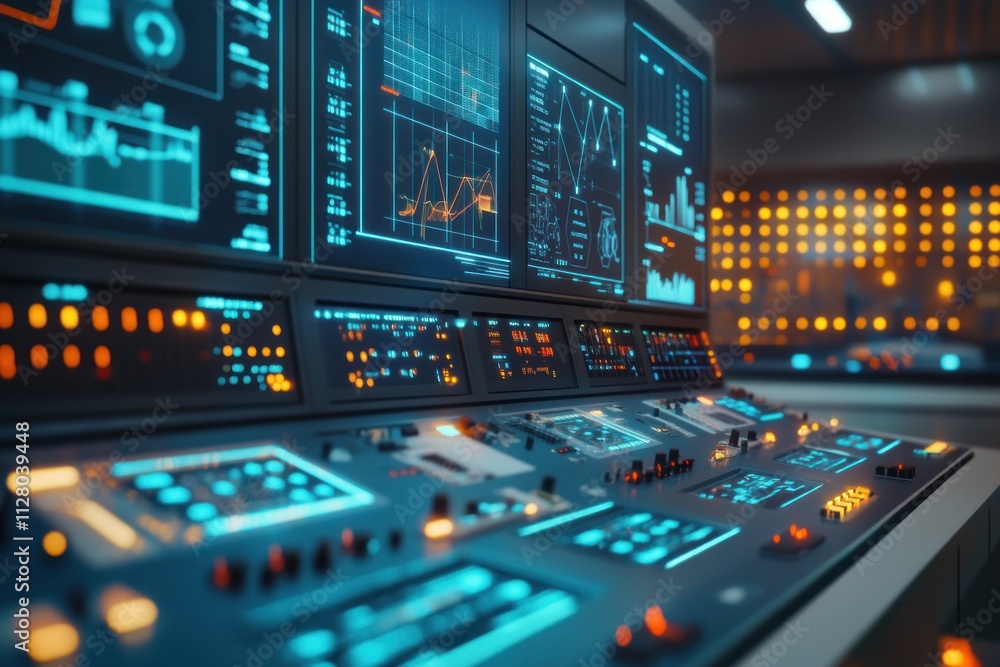 Futuristic control room with glowing digital displays and interfaces. Futuristic control room with glowing digital displays and interfaces.