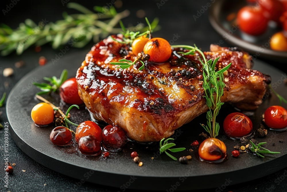 Grilled pork chop with glazed cherry tomatoes and herbs on a dark plate. Grilled pork chop with glazed cherry tomatoes and herbs on a dark plate.