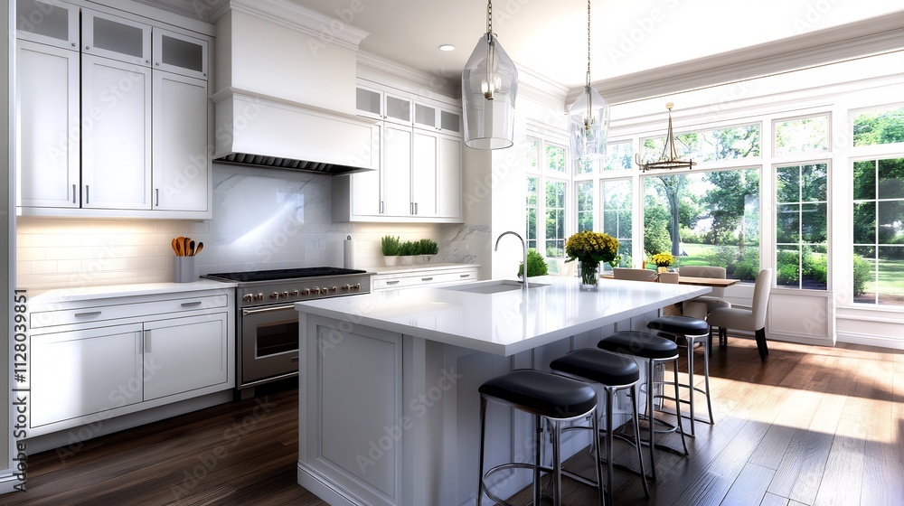 Bright, modern kitchen with white cabinets, quartz countertops, and large windows overlooking a garden. Bright, modern kitchen with white cabinets, quartz countertops, and large windows overlooking a garden.