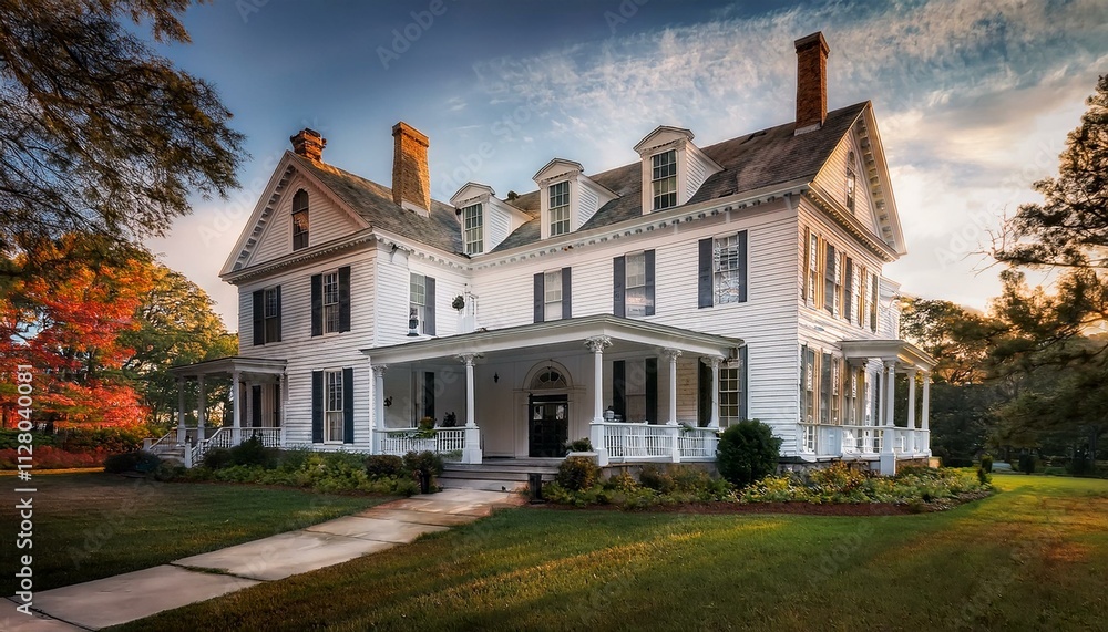 Early 20th century white clapboard Colonial mansion with center entry and dormers, set in Shaker Heights, Ohio. Early 20th century white clapboard Colonial mansion with center entry and dormers, set in Shaker Heights, Ohio.