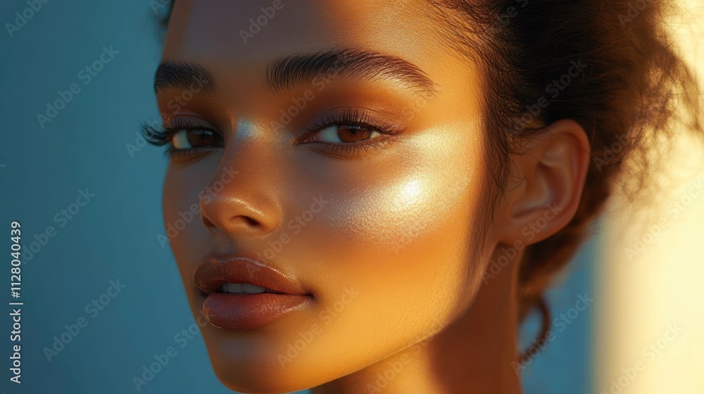 Close-Up Portrait of Female Model Applying Makeup with Brush in Studio Setting with Beauty Products and Blue Backdrop Close-Up Portrait of Female Model Applying Makeup with Brush in Studio Setting with Beauty Products and Blue Backdrop