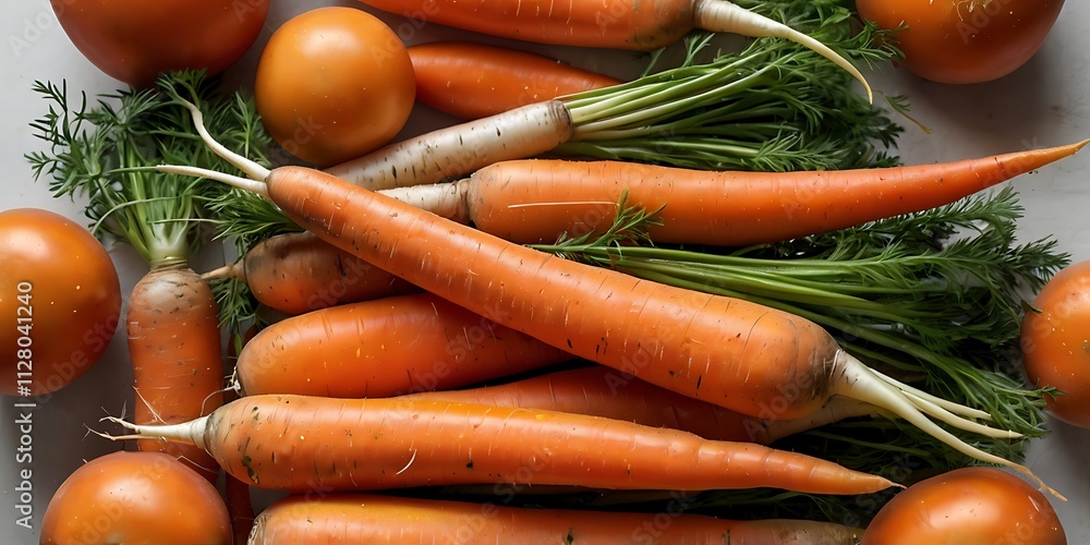 High-Resolution Close-Up of Fresh Vibrant Orange Carrots with Lush Green Leafy Tops in Overlapping Pattern High-Resolution Close-Up of Fresh Vibrant Orange Carrots with Lush Green Leafy Tops in Overlapping Pattern