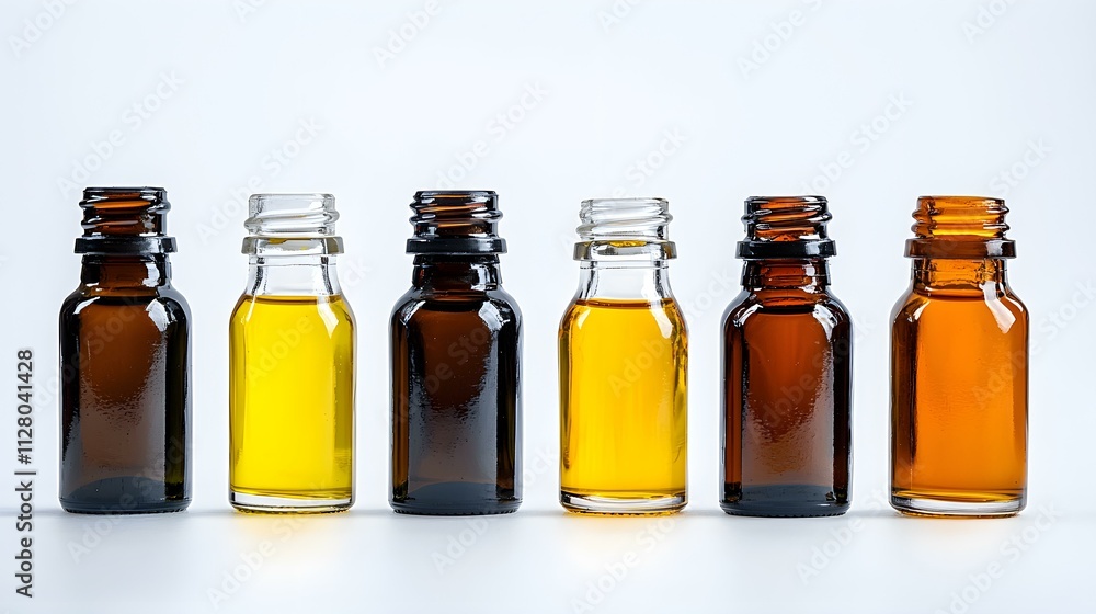 Essential Oil Bottles: A row of six amber and clear glass bottles, each filled with a different colored liquid. These oils are ready for your product photography, website, or packaging design. Essential Oil Bottles: A row of six amber and clear glass bottles, each filled with a different colored liquid. These oils are ready for your product photography, website, or packaging design.