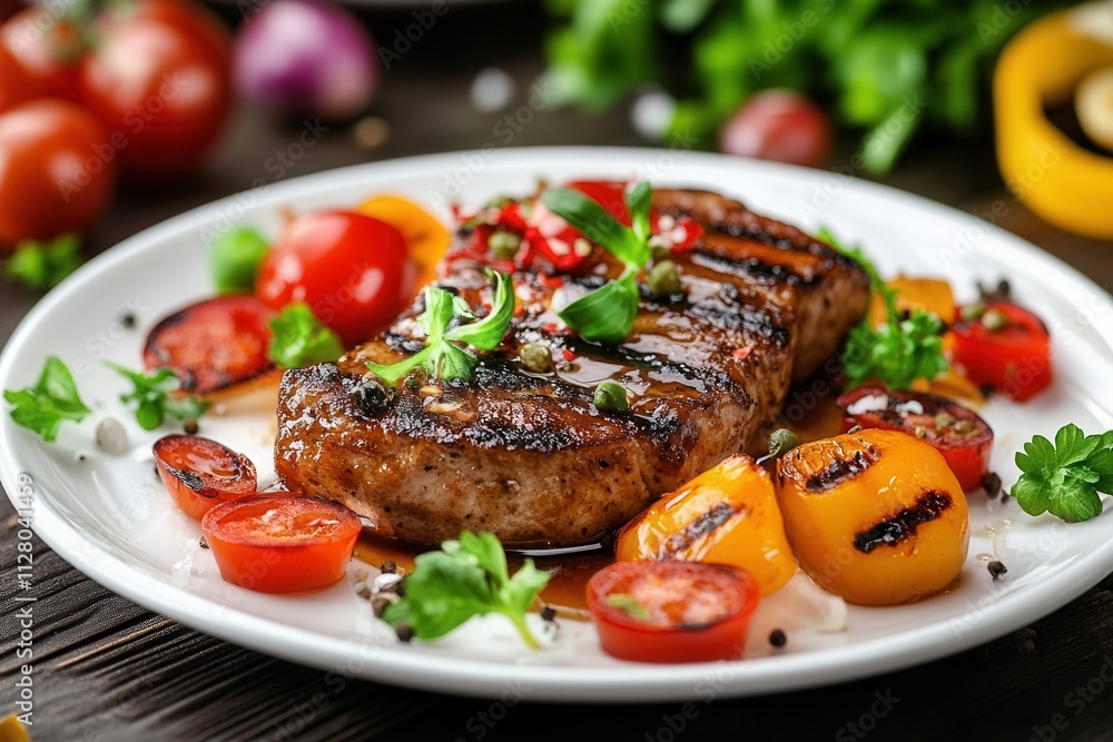 Grilled steak with vegetables on a plate. Grilled steak with vegetables on a plate.