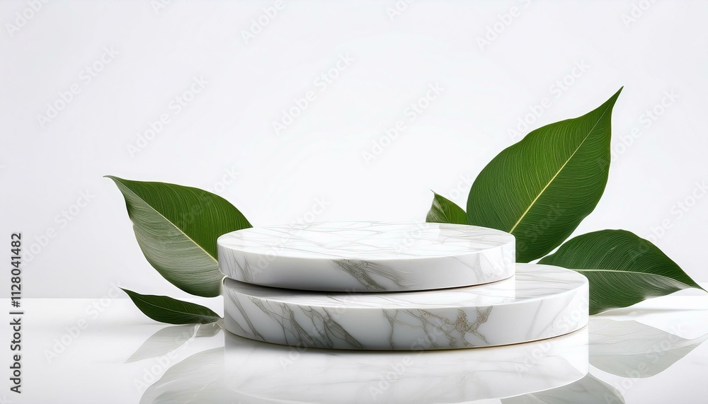 white marble podium with leaves in isolated white background. leaf and stone white marble podium with leaves in isolated white background. leaf and stone