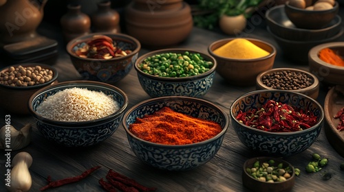 Vibrant Spices and Grains on Rustic Wooden Table AI Generated