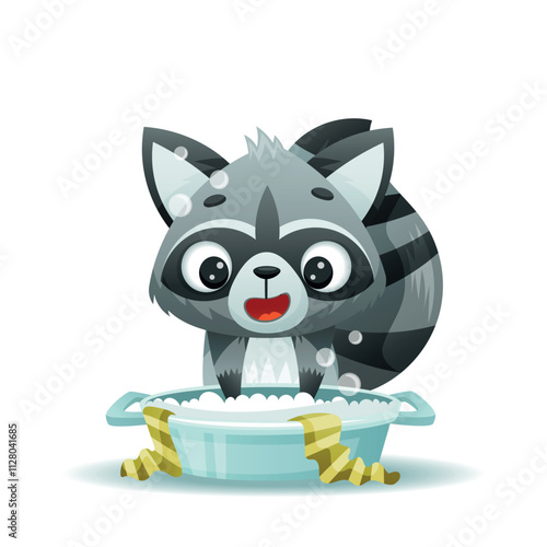 An adorable raccoon character is playfully enjoying a bubbly and delightful bath inside a bubbly tub