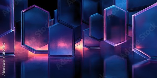 Futuristic Abstract Geometric Shapes in Translucent Blue and Purple with Soft Glow