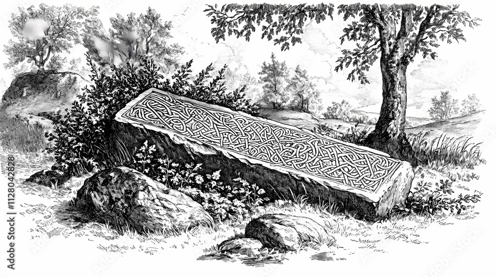 Obraz premium Vintage engraving, king harald rune stone of jelling denmark from the century. Runestone. Illustration
