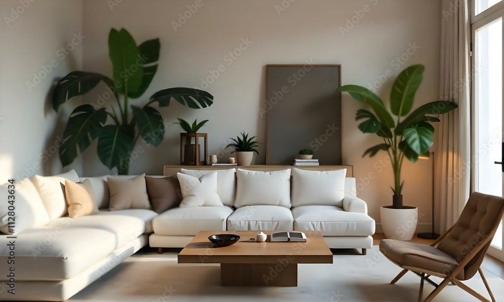 A modern living room with a white sofa, a large wooden coffee table, and lush tropical plants in the background. The room has a minimalist and earthy aesthetic. A modern living room with a white sofa, a large wooden coffee table, and lush tropical plants in the background. The room has a minimalist and earthy aesthetic.