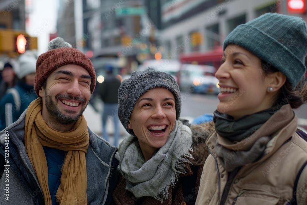 Group of friends having fun and laughing in the city. They are wearing warm clothes. Group of friends having fun and laughing in the city. They are wearing warm clothes.