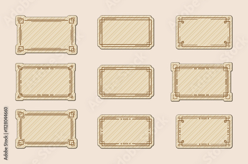 Beige rectangular stickers with striped texture and linear geometric borders, isolated on a pale beige background. Collection of different label frames with place for text. Vector set for scrapbooking