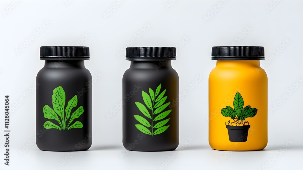 Botanical Supplements: Three sleek supplement bottles, each adorned with a unique green botanical design, stand in a row against a minimalist backdrop. A symbol of natural health and wellness. Botanical Supplements: Three sleek supplement bottles, each adorned with a unique green botanical design, stand in a row against a minimalist backdrop. A symbol of natural health and wellness.