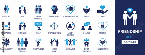 Friendship best solid icon set collection. Support, bff, three friends, memories, togetherness, faith, loyalty, socialize, friends and vector illustration.