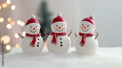 Wallpaper Mural Three cute, smiling snowmen with red scarves and hats standing on a white background, with soft lighting and blurred lights in the background. Concept with copy space Torontodigital.ca