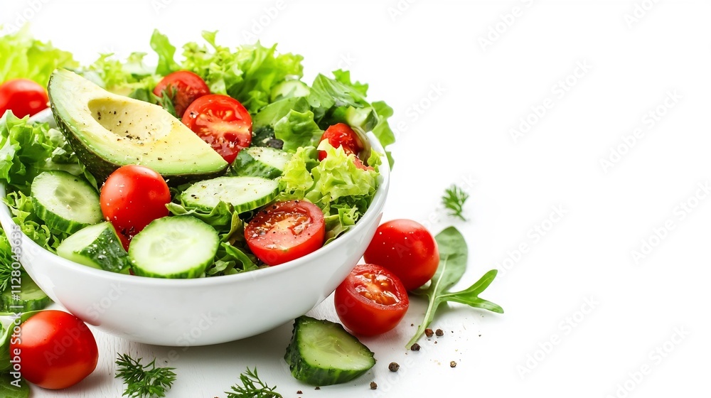 Vibrant and colorful salad filled with fresh greens cherry tomatoes cucumbers and sliced avocado presented in a minimalist bowl on an isolated white background with ample copy space Vibrant and colorful salad filled with fresh greens cherry tomatoes cucumbers and sliced avocado presented in a minimalist bowl on an isolated white background with ample copy space
