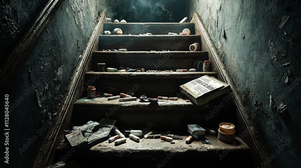 A symbolic image depicting a staircase descending into darkness with drugs and drug paraphernalia scattered across the steps fading into a blank ambiguous space at the top A symbolic image depicting a staircase descending into darkness with drugs and drug paraphernalia scattered across the steps fading into a blank ambiguous space at the top