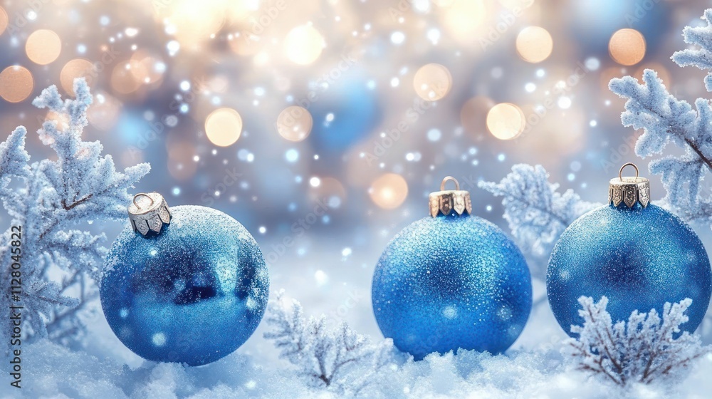 Blue Christmas Decorations with Snowflakes in a Serene Winter Background Blue Christmas Decorations with Snowflakes in a Serene Winter Background