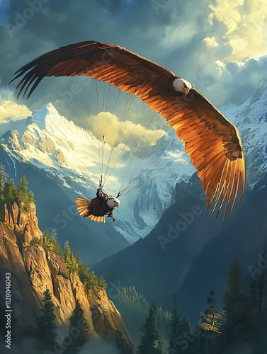 An eagle gracefully soars over majestic mountains, capturing the serene beauty of nature in a breathtaking view. photo