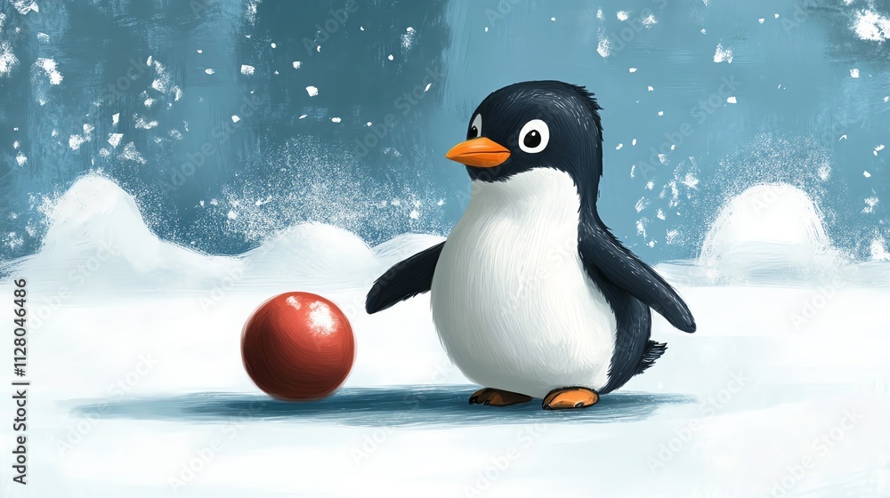 Fototapeta premium An adorable penguin playing with a red ball in a snowy winter landscape, capturing the essence of playful wildlife.