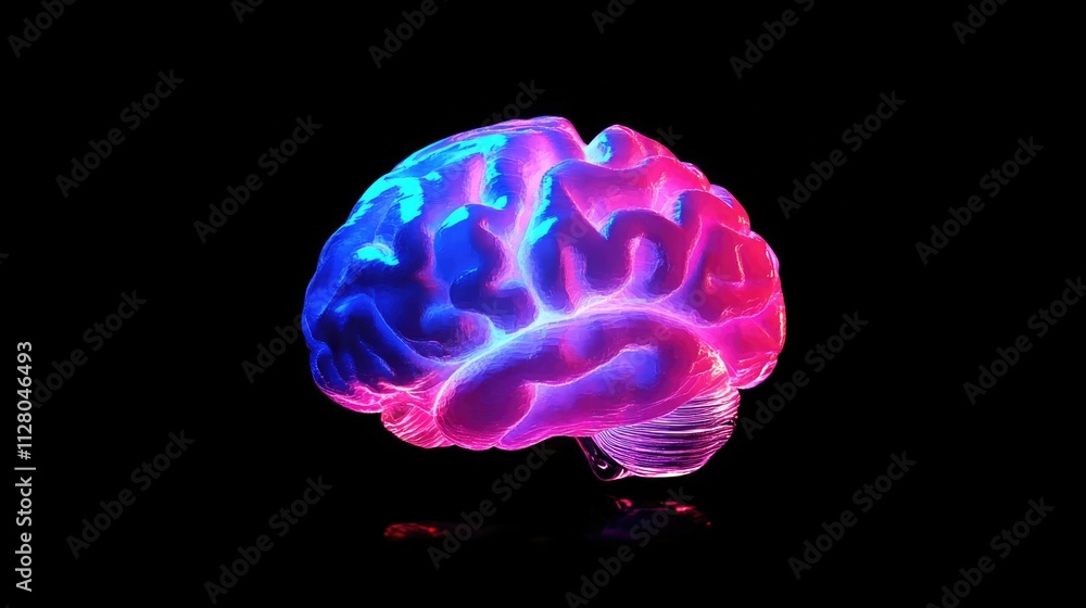 Pink blue glowing brain on black Pink blue glowing brain on black