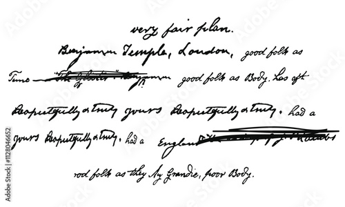 Unreadable handwritten text. Sweeping handwriting with crossed out words. Vector illustration of a poetic work written by a pen. Abstract lettering isolated on white background, Seamless slogan handwr