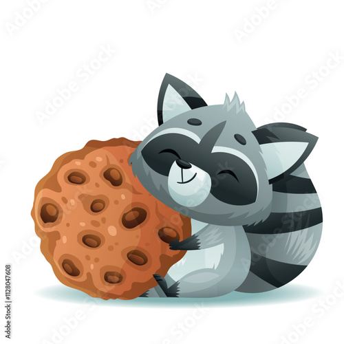An adorable raccoon is happily cuddling a large, delicious chocolate chip cookie with great joy and enthusiasm