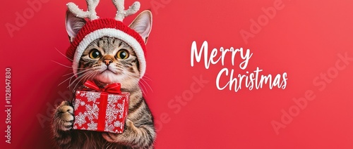 Photo of a cute cat wearing deer antlers and a red gift box, set against a solid-colored banner with the text 