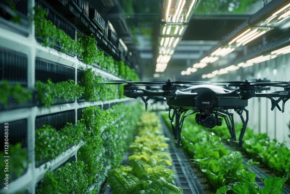 Drone inspecting plants in a vertical farm. Drone inspecting plants in a vertical farm.