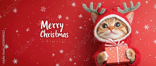 Photo of a cute cat wearing deer antlers and a red gift box, set against a solid-colored banner with the text 