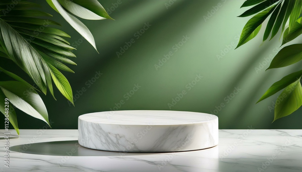 Marble showcase podium for product placement in green natural shadow leaves. plant in the garden Marble showcase podium for product placement in green natural shadow leaves. plant in the garden