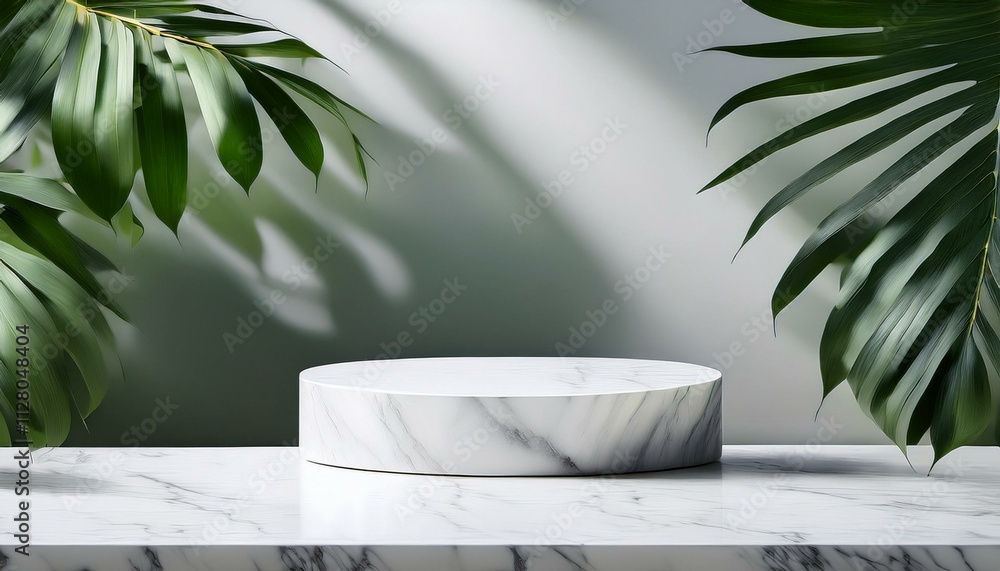 Marble showcase podium for product placement in green natural shadow leaves. plant in the garden Marble showcase podium for product placement in green natural shadow leaves. plant in the garden