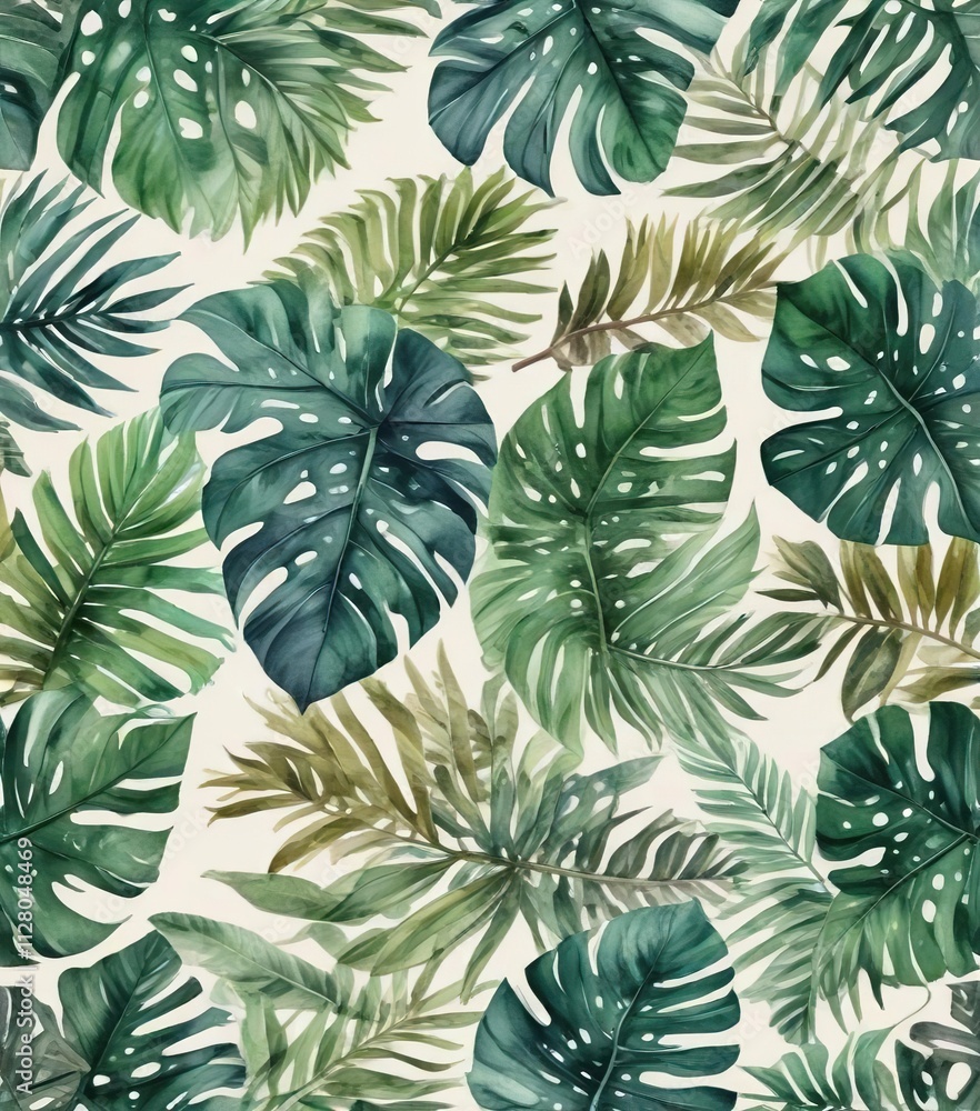 Watercolor illustration of tropical leaves in seamless pattern, vibrant, seamless, background