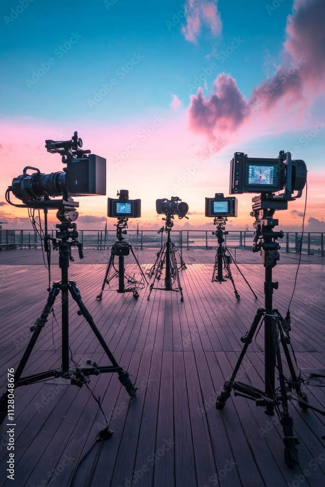 Fototapeta premium Sunrise Photography Setup on Rooftop Deck - Professional Cameras and Tripods Ready for Action