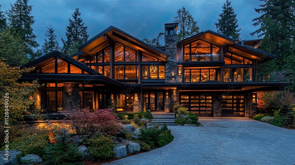 An evening view of an opulent, contemporary home An evening view of an opulent, contemporary home