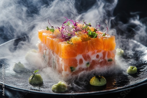 Smoked salmon tartar layered on a black plate with avocado mousse. photo