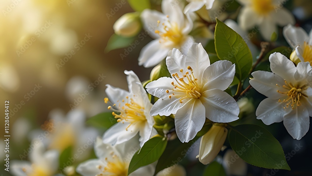 Obraz premium Close-up of Fresh White Gardenias with Yellow Centers and Water Droplets in Natural Outdoor Setting