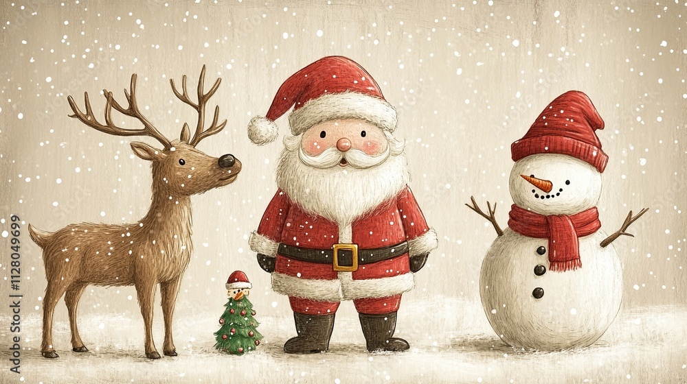 Santa Claus, Reindeer, and Snowman Drawing: A drawing of Santa Claus, reindeer, and a snowman, evoking Christmas fun, holiday cheer, and festive joy Santa Claus, Reindeer, and Snowman Drawing: A drawing of Santa Claus, reindeer, and a snowman, evoking Christmas fun, holiday cheer, and festive joy