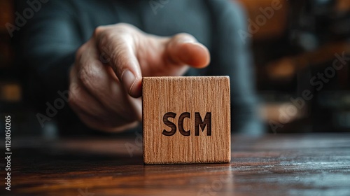 SCM lettering in a man's hand on a wooden box.Management of businesses and industries photo