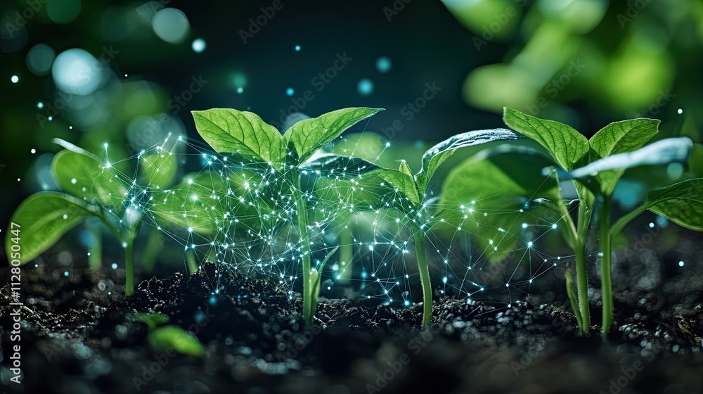 Seedlings growing from soil with a digital network overlay, symbolizing innovation and the harmonious blend of nature and technology for a sustainable future. Seedlings growing from soil with a digital network overlay, symbolizing innovation and the harmonious blend of nature and technology for a sustainable future.