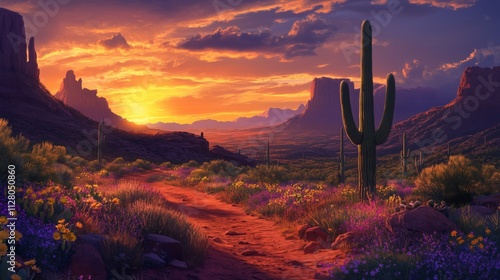 Stunning Arizona sunset features vibrant skies, silhouetted cacti, and blooming wildflowers. photo