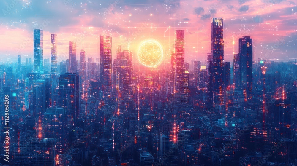 Futuristic city skyline at sunset with glowing orb. Futuristic city skyline at sunset with glowing orb.