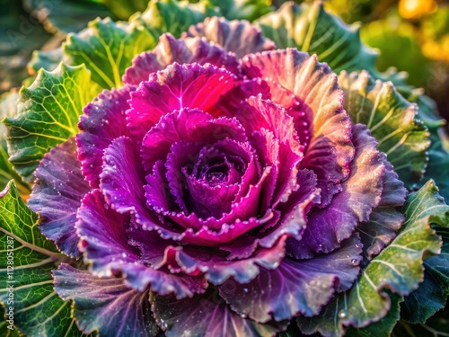 Dew-Kissed Purple Cabbage: Stunning Drone Aerial Photography of Ornamental Kale with Blurred Background